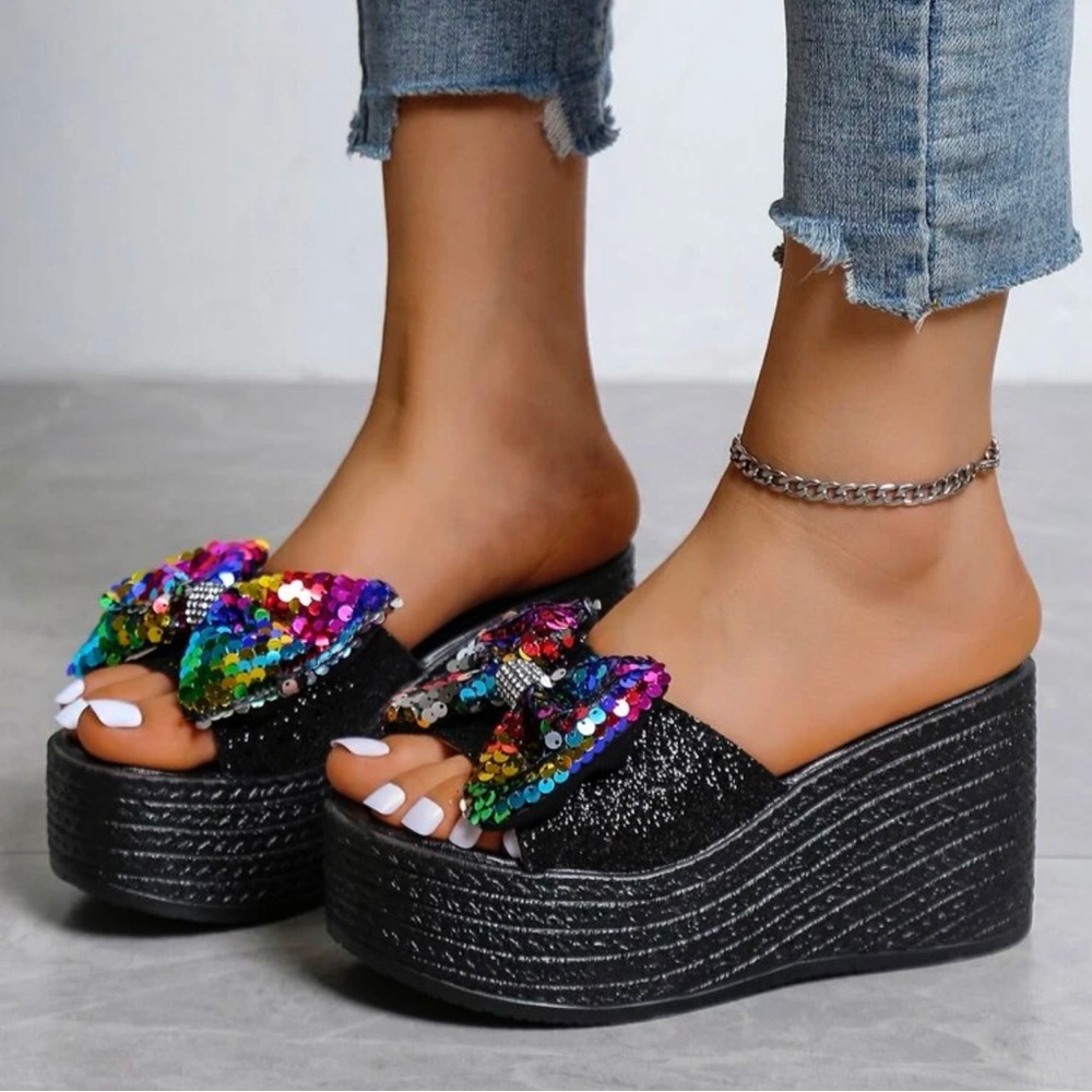 Black wedge with iridescent sequin bow shoe
